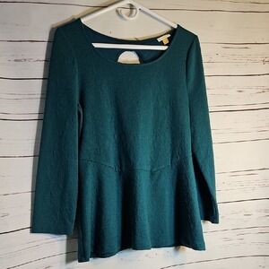 LEIFSDOTTIR Peplum Top Cutout Back Long Sleeve Teal Green‎ Textured Blouse, M